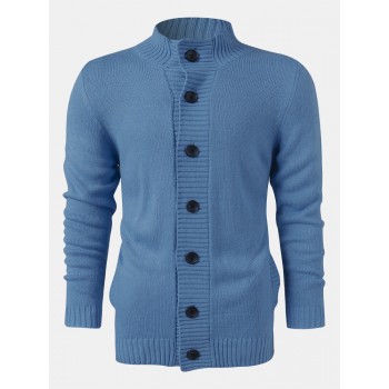 Mens Solid Color Knitted Button Up Long Sleeve Sweater Jacket