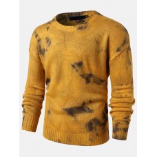 Mens Tie Dye Print Knit Rib Round Neck Relaxed Fit Sweaters