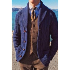 LONG-SLEEVED KNIT JACKET LAPEL BLUE CARDIGAN JACKET SWEATER