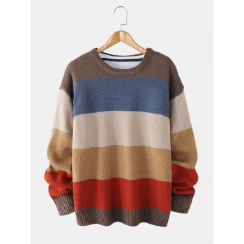 Mens Striped Knitting Round Neck Long Sleeve Warm Sweaters